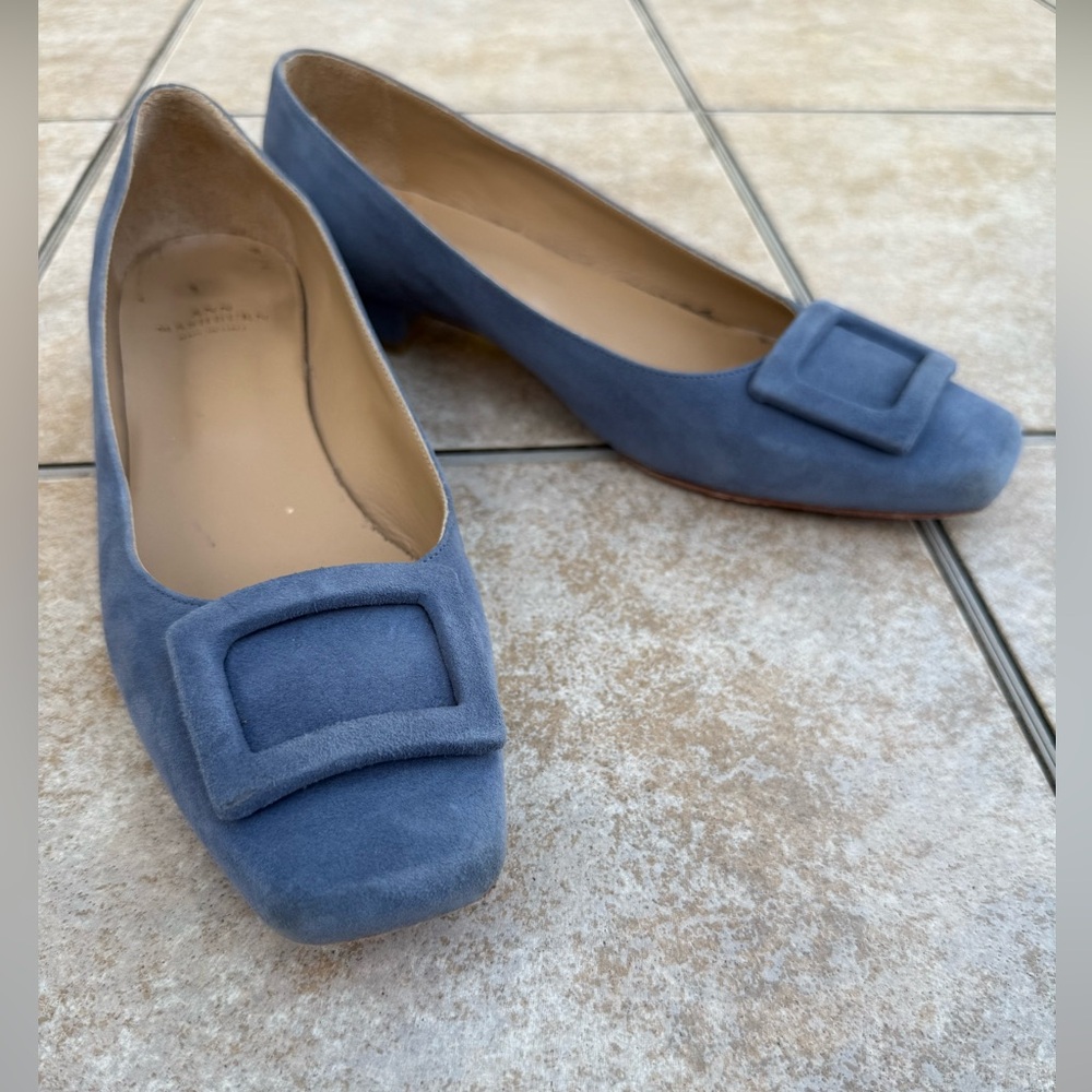ANN MASHBURN Powder Blue Suede Low Block Heel Pumps with Decorative Buckle - Picture 10 of 14